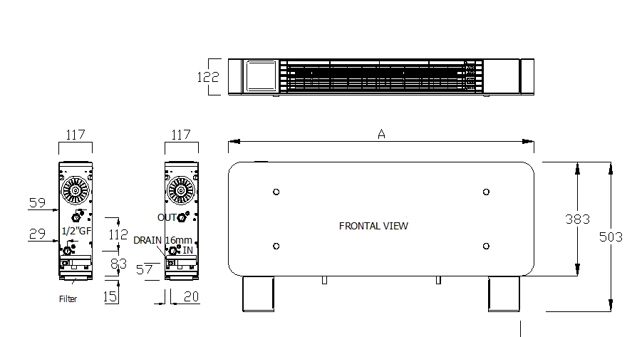 Diagram of dimensions for MyCond silver glass low series floor-standing fan coils.