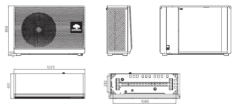 Diagram showing dimensions of the MyCond BeeSmart outdoor unit.