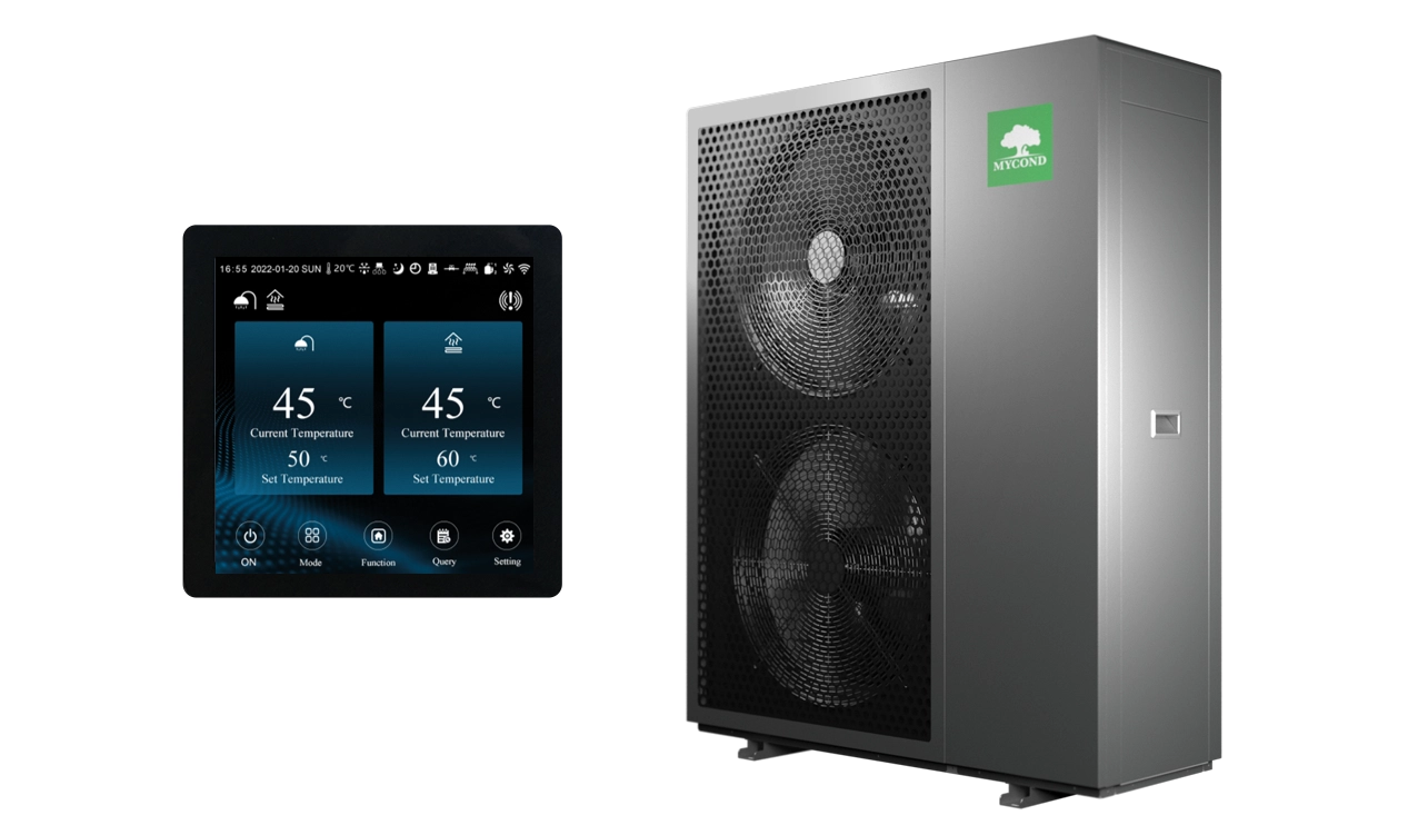 Modern heat pump system installed beside a traditional gas boiler in a boiler room.