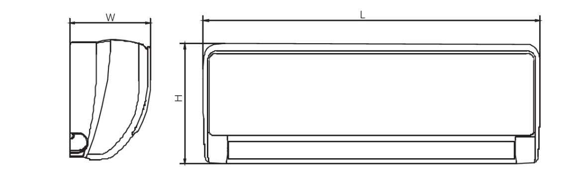MyCond Diagram showing dimensions of wall-mounted fan coil units from the MHW series.