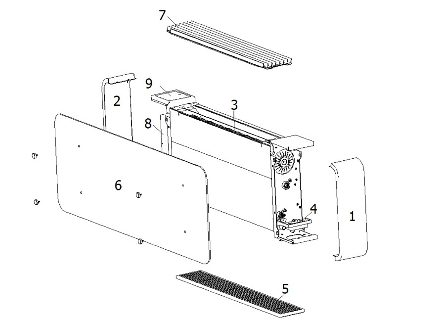MyCond Silver Glass Low Sleek designer floor-standing fan coil unit in silver and glass.