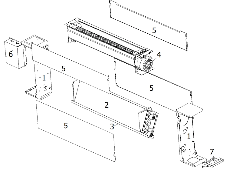 Schematic of ultra-thin floor-standing fan coil unit from MyCond Silver Glass Low series.